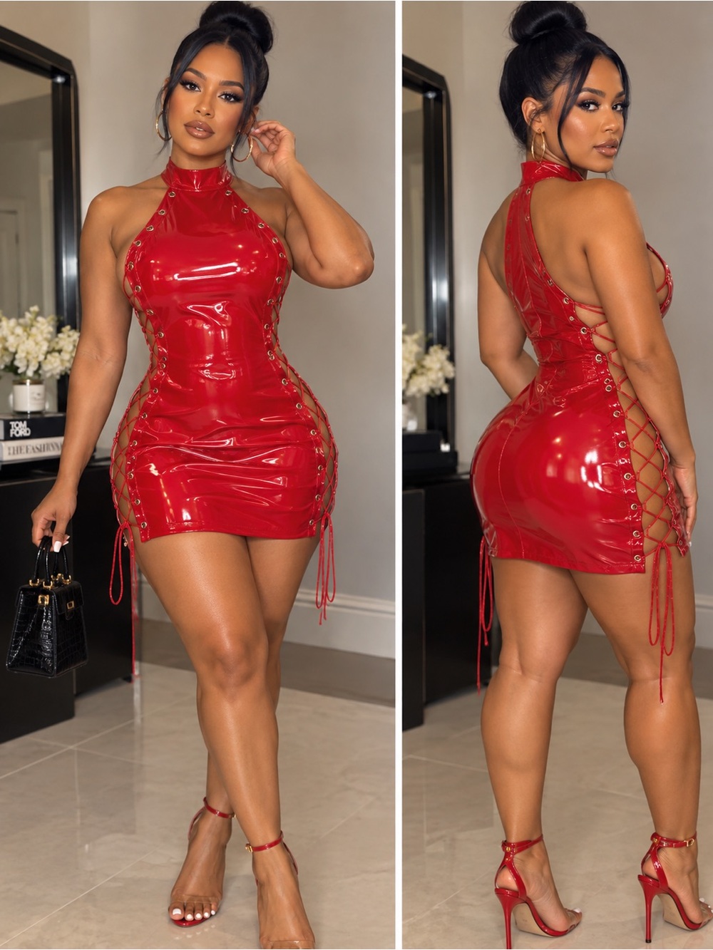 SHEIN Red Patent Lace-Up Halter Mini Dress